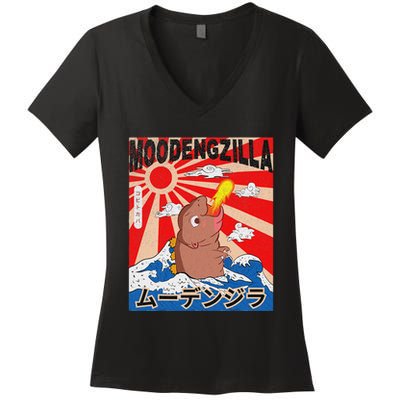 Moo Deng Pygmy Hippopotamus Funny Moodengzilla Women's V-Neck T-Shirt