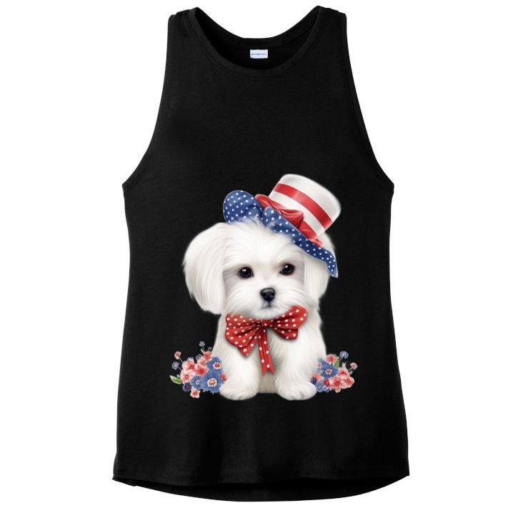 Maltese Dog Puppy USA Flag American Dogs Patriotic 4th Of July Ladies PosiCharge Tri-Blend Wicking Tank