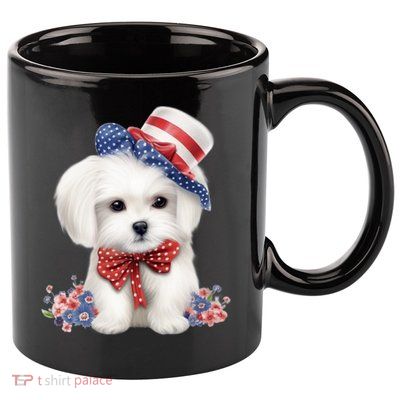 Maltese Dog Puppy USA Flag American Dogs Patriotic 4th Of July 11oz C Handle Ceramic Mug
