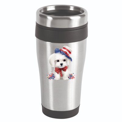 Maltese Dog Puppy USA Flag American Dogs Patriotic 4th Of July 16oz Travel Tumbler