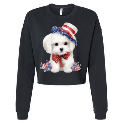 Maltese Dog Puppy USA Flag American Dogs Patriotic 4th Of July Cropped Pullover Crew