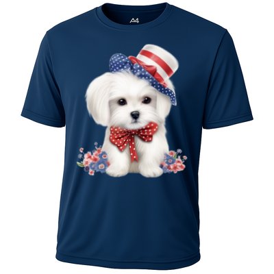 Maltese Dog Puppy USA Flag American Dogs Patriotic 4th Of July Performance Shirt