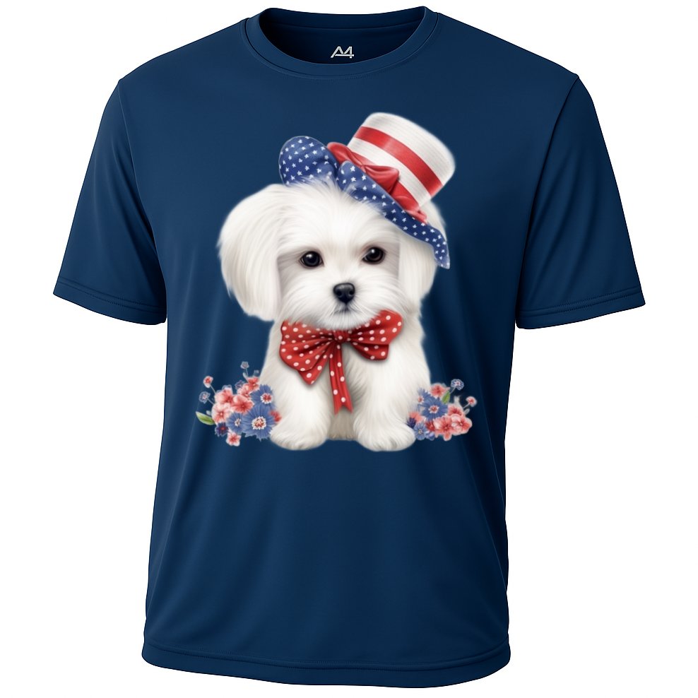 Maltese Dog Puppy USA Flag American Dogs Patriotic 4th Of July Cooling Performance Crew T-Shirt