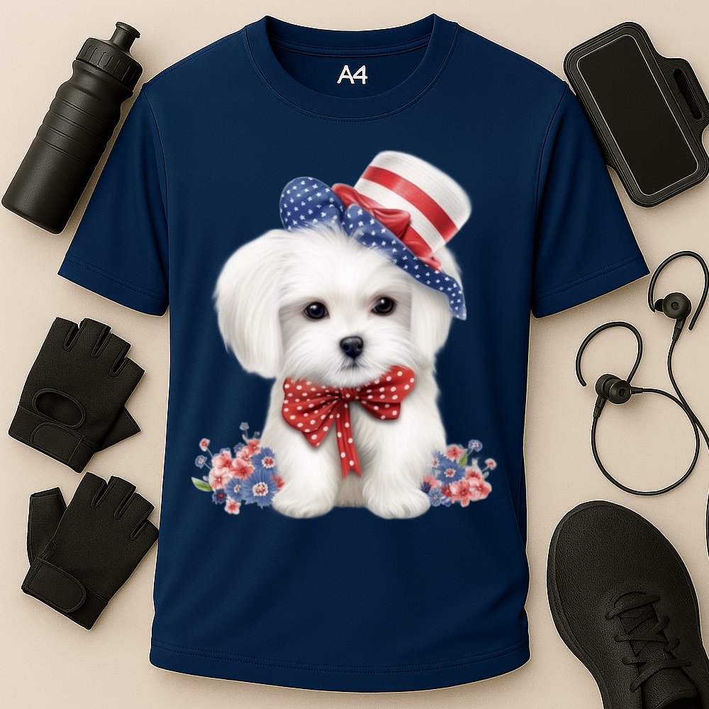Maltese Dog Puppy USA Flag American Dogs Patriotic 4th Of July Cooling Performance Crew T-Shirt