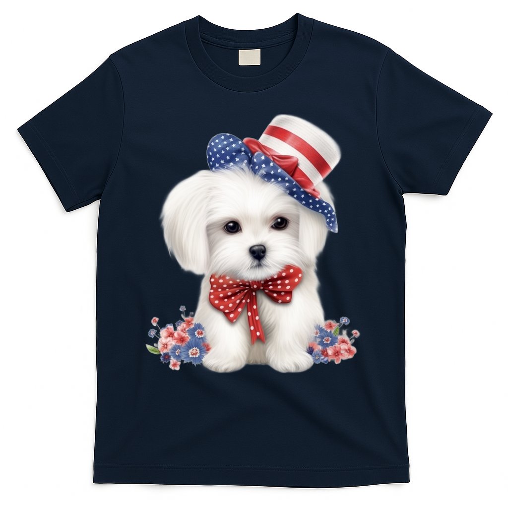 Maltese Dog Puppy USA Flag American Dogs Patriotic 4th Of July T-Shirt