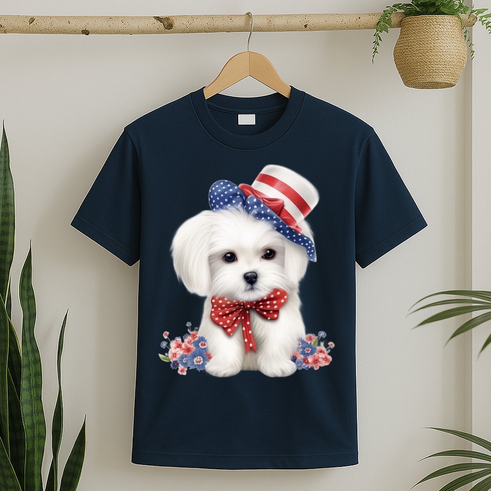 Maltese Dog Puppy USA Flag American Dogs Patriotic 4th Of July T-Shirt
