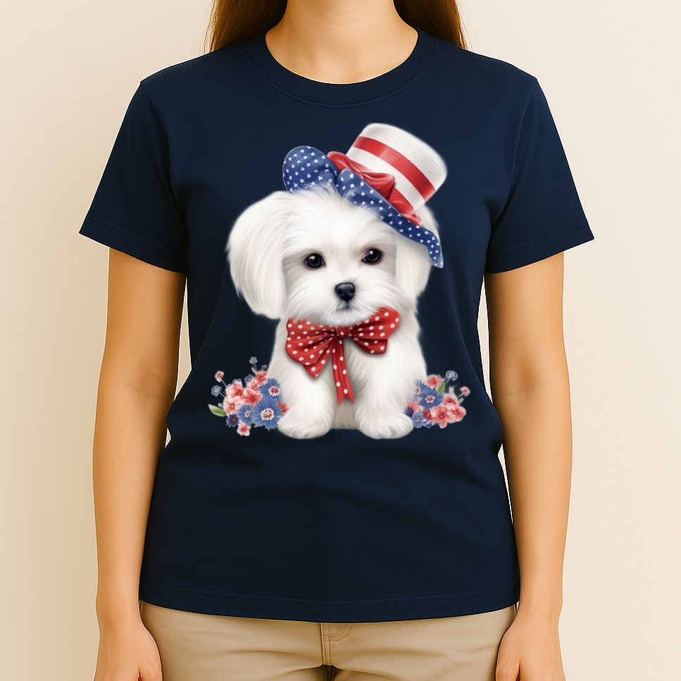 Maltese Dog Puppy USA Flag American Dogs Patriotic 4th Of July T-Shirt