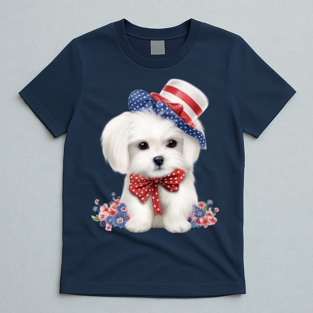 Maltese Dog Puppy USA Flag American Dogs Patriotic 4th Of July T-Shirt
