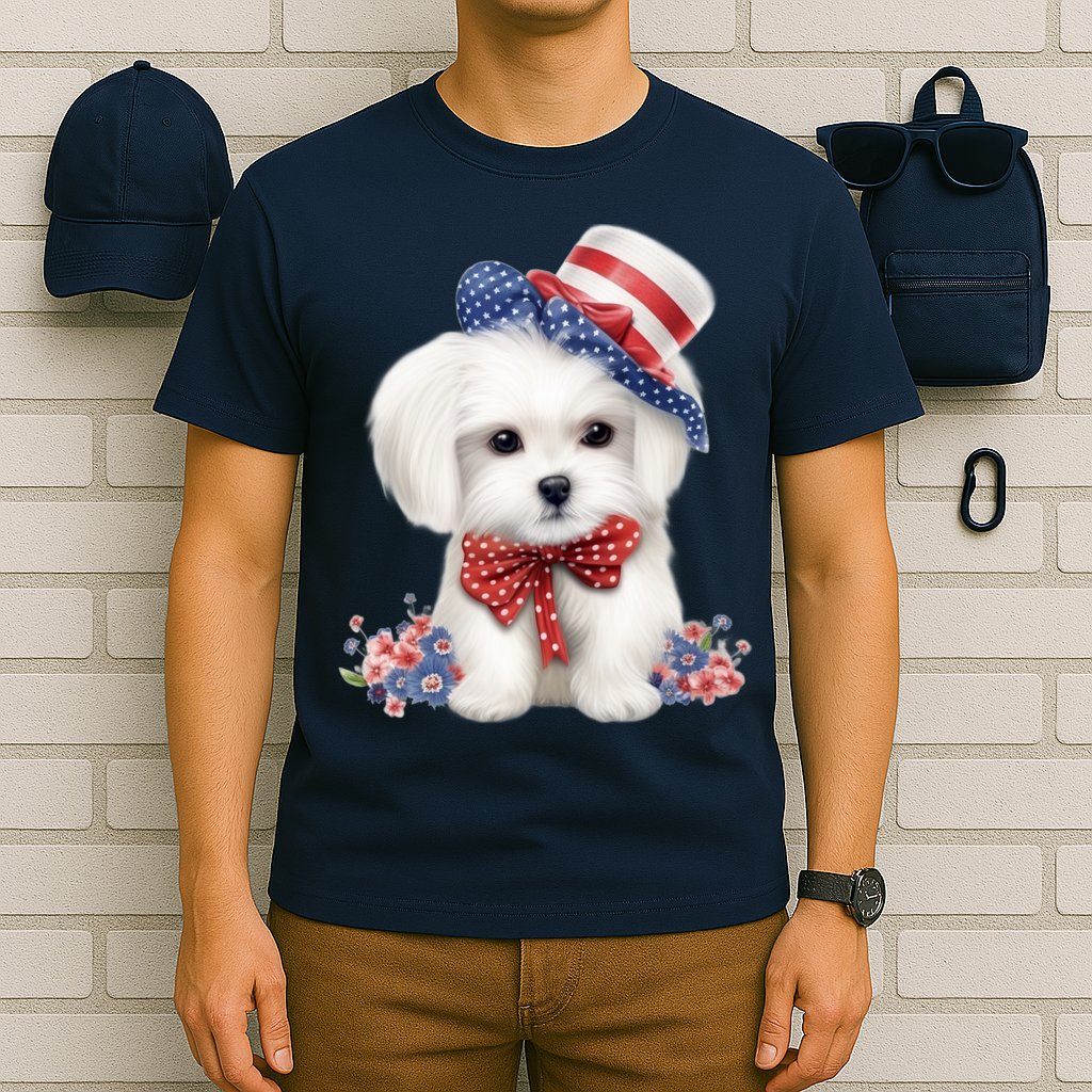 Maltese Dog Puppy USA Flag American Dogs Patriotic 4th Of July T-Shirt