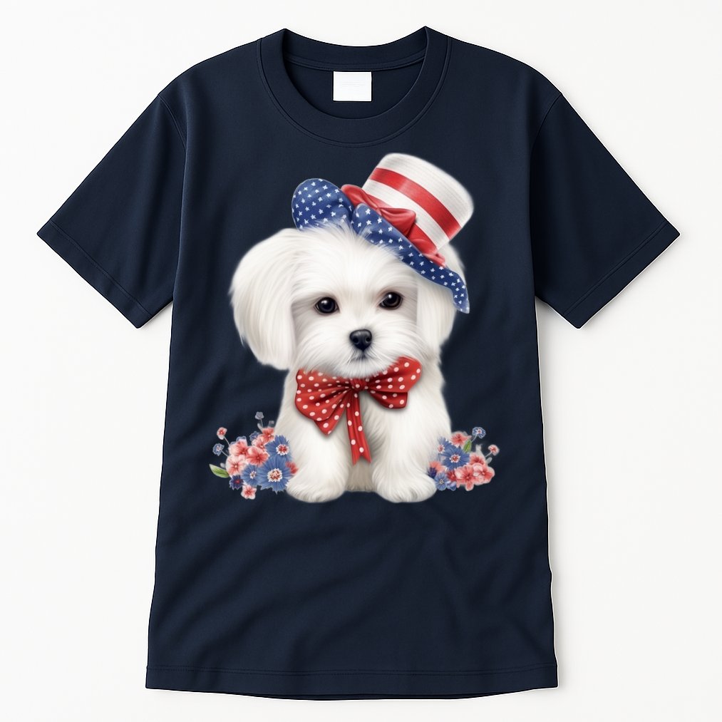 Maltese Dog Puppy USA Flag American Dogs Patriotic 4th Of July Tall T-Shirt