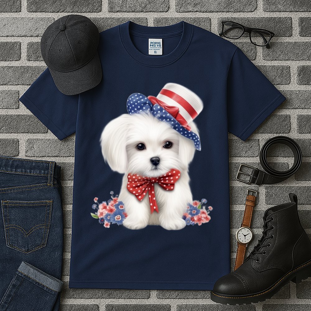 Maltese Dog Puppy USA Flag American Dogs Patriotic 4th Of July Tall T-Shirt