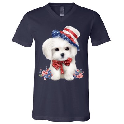 Maltese Dog Puppy USA Flag American Dogs Patriotic 4th Of July V-Neck T-Shirt