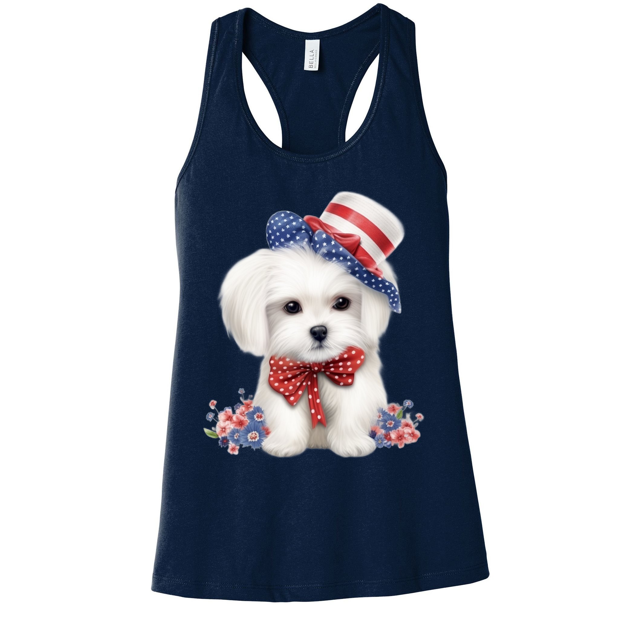 Maltese Dog Puppy USA Flag American Dogs Patriotic 4th Of July Womens Tank Top
