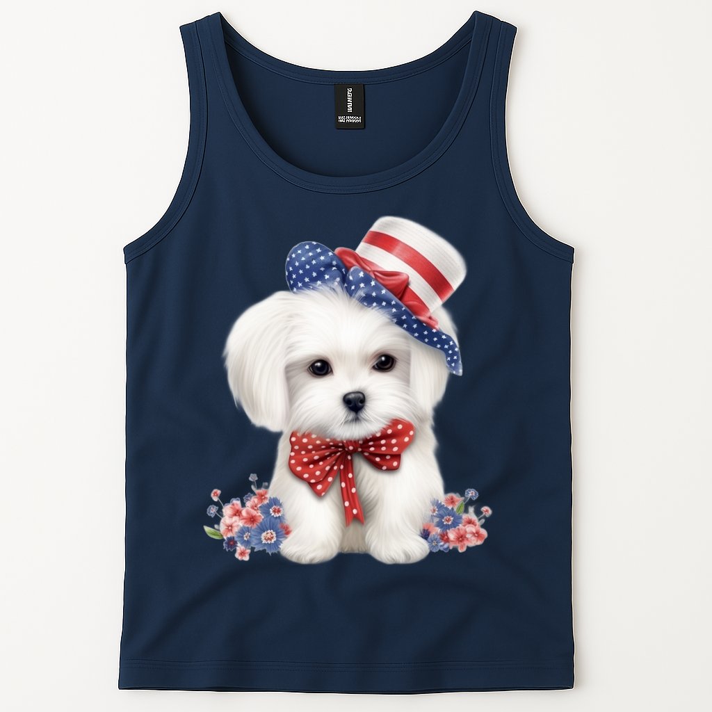 Maltese Dog Puppy USA Flag American Dogs Patriotic 4th Of July Tank Top