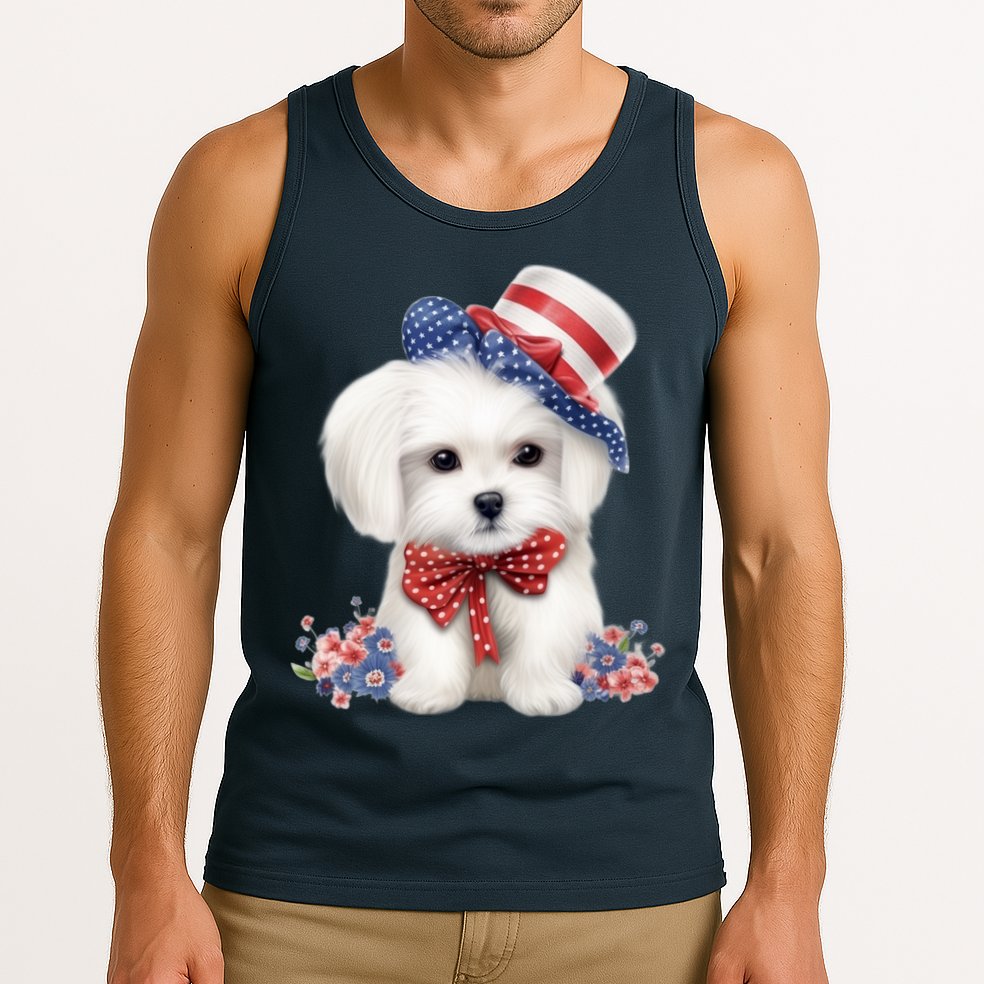 Maltese Dog Puppy USA Flag American Dogs Patriotic 4th Of July Tank Top