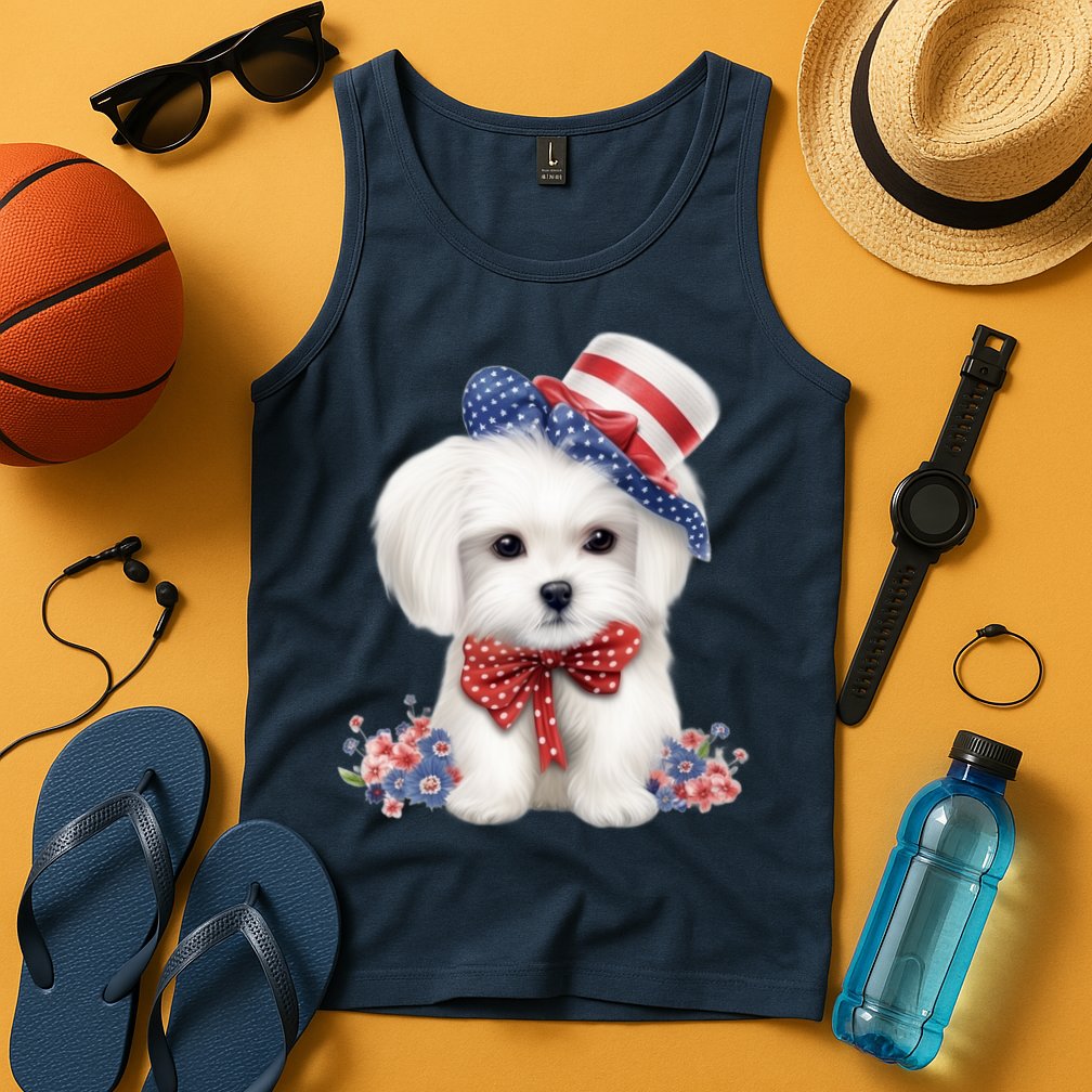 Maltese Dog Puppy USA Flag American Dogs Patriotic 4th Of July Tank Top