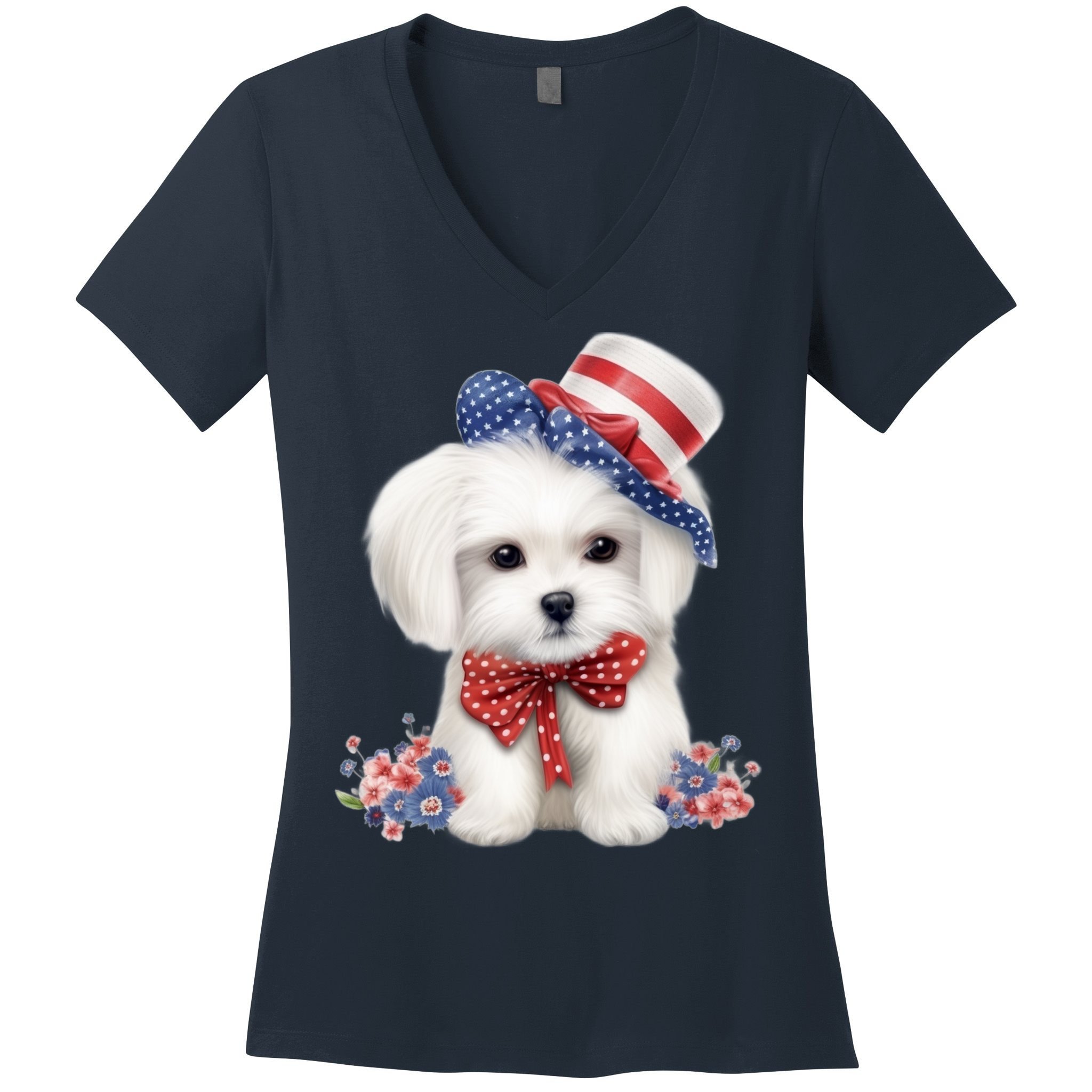 Maltese Dog Puppy USA Flag American Dogs Patriotic 4th Of July Women's V-Neck T-Shirt