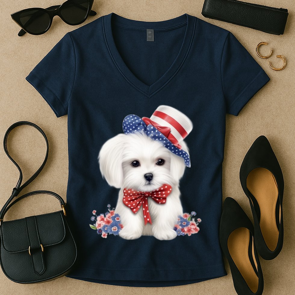 Maltese Dog Puppy USA Flag American Dogs Patriotic 4th Of July Women's V-Neck T-Shirt
