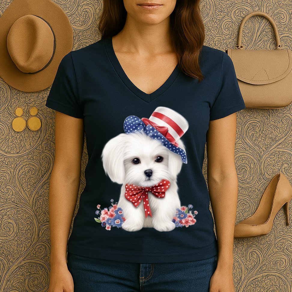 Maltese Dog Puppy USA Flag American Dogs Patriotic 4th Of July Women's V-Neck T-Shirt