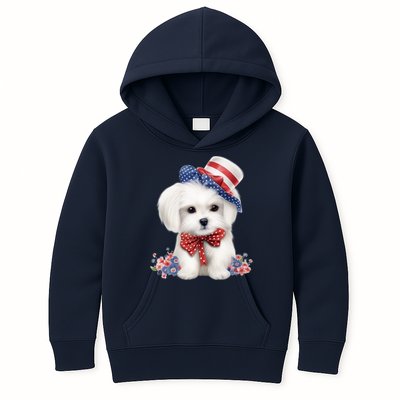 Maltese Dog Puppy USA Flag American Dogs Patriotic 4th Of July Kids Hoodie
