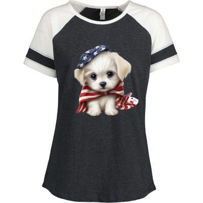 Maltese Dog Puppy USA Flag American Dogs Patriotic 4th Of July Enza Ladies Jersey Colorblock Tee