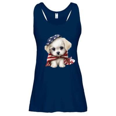 Maltese Dog Puppy USA Flag American Dogs Patriotic 4th Of July Ladies Essential Flowy Tank