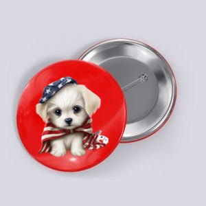 Maltese Dog Puppy USA Flag American Dogs Patriotic 4th Of July Button