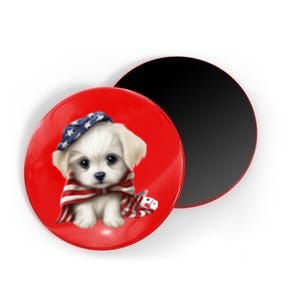 Maltese Dog Puppy USA Flag American Dogs Patriotic 4th Of July Magnet