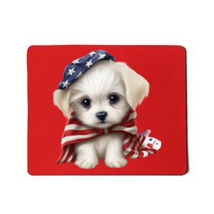 Maltese Dog Puppy USA Flag American Dogs Patriotic 4th Of July Mousepad