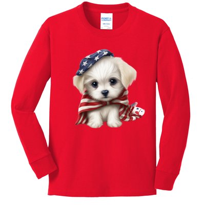 Maltese Dog Puppy USA Flag American Dogs Patriotic 4th Of July Kids Long Sleeve Shirt