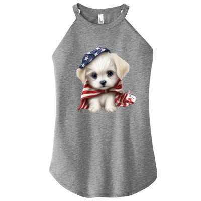 Maltese Dog Puppy USA Flag American Dogs Patriotic 4th Of July Women’s Perfect Tri Rocker Tank