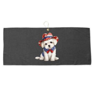 Maltese Dog Puppy USA Flag Hat American Dogs 4th Of July Large Microfiber Waffle Golf Towel