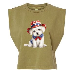 Maltese Dog Puppy USA Flag Hat American Dogs 4th Of July Garment-Dyed Women's Muscle Tee