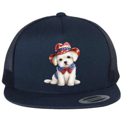 Maltese Dog Puppy USA Flag Hat American Dogs 4th Of July Flat Bill Trucker Hat