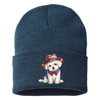 Maltese Dog Puppy USA Flag Hat American Dogs 4th Of July Sustainable Knit Beanie