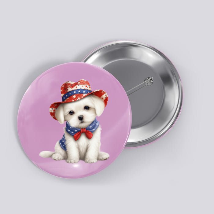 Maltese Dog Puppy USA Flag Hat American Dogs 4th Of July Button