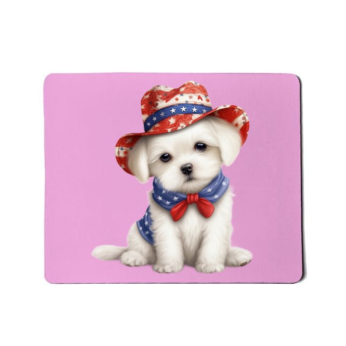 Maltese Dog Puppy USA Flag Hat American Dogs 4th Of July Mousepad