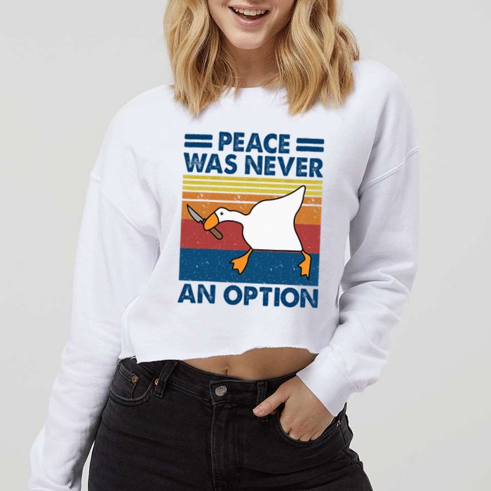 Murder Duck Peace Was Never An Option Duck With Knife Meme Cropped Pullover Crew