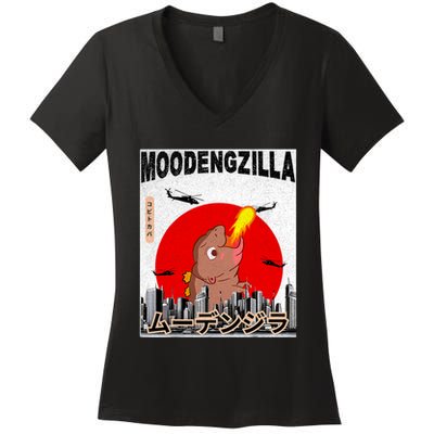 Moo Deng Pygmy Hippopotamus Funny Moodengzilla Women's V-Neck T-Shirt