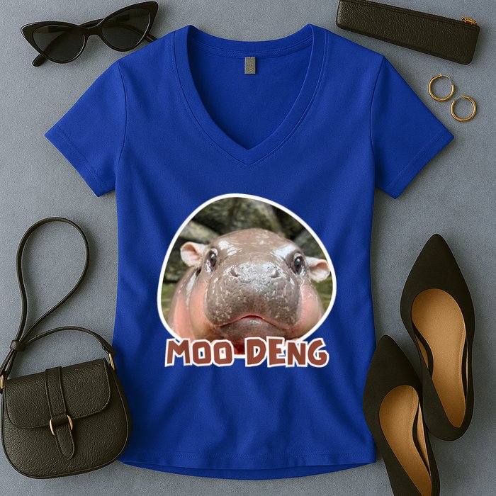 Moo Deng Pygmy Hippopotamus Funny Meme Women's V-Neck T-Shirt