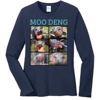 Moo Deng Picture Meme Funny Hippo Ladies Long Sleeve Shirt