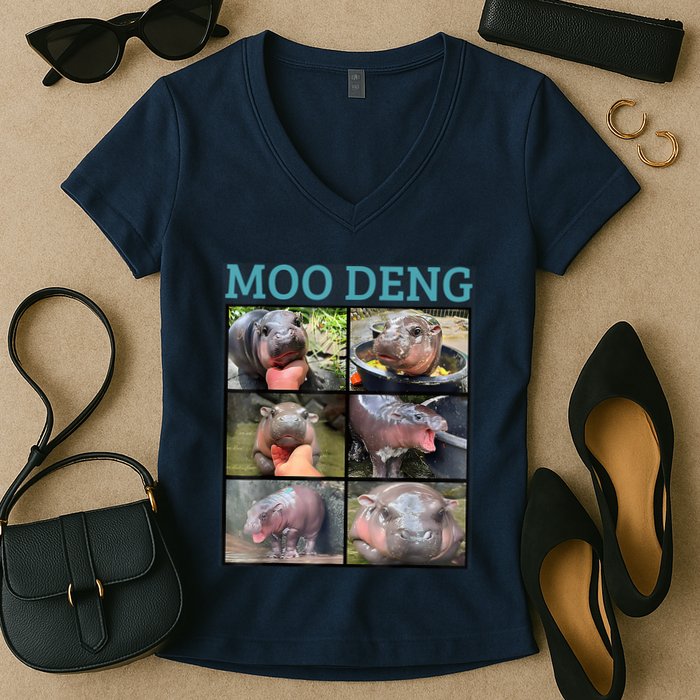 Moo Deng Picture Meme Funny Hippo Women's V-Neck T-Shirt