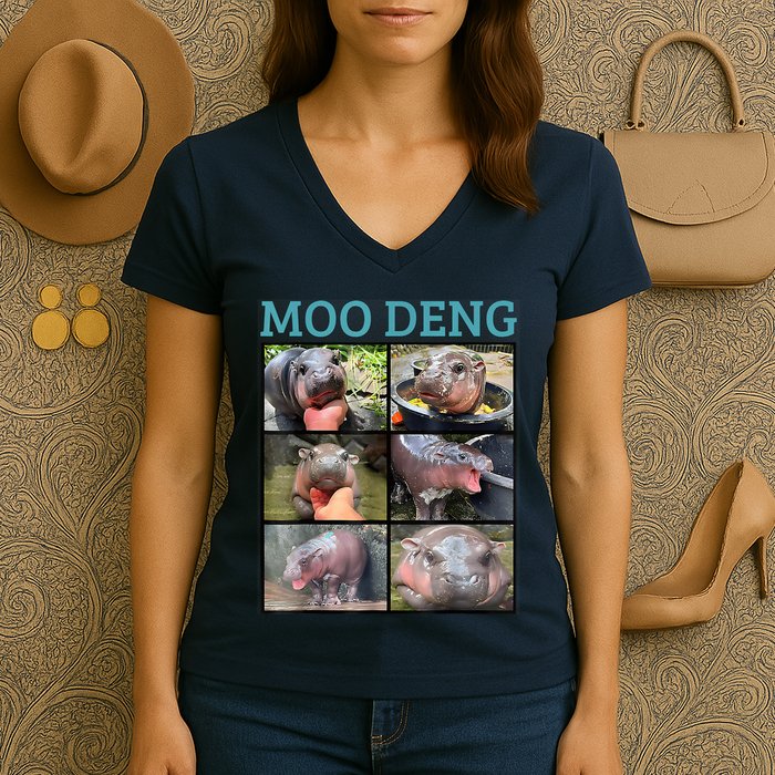 Moo Deng Picture Meme Funny Hippo Women's V-Neck T-Shirt
