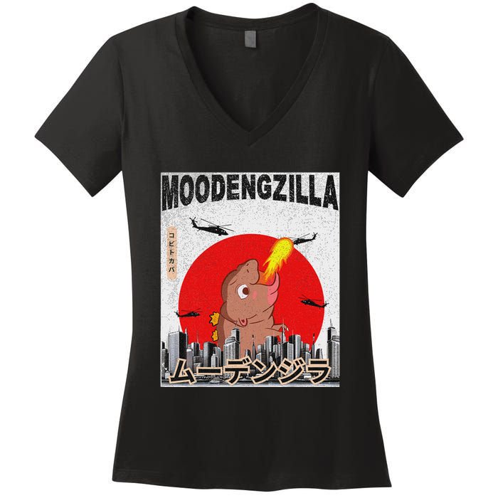 Moo Deng Pygmy Hippopotamus Funny Moodengzilla Women's V-Neck T-Shirt