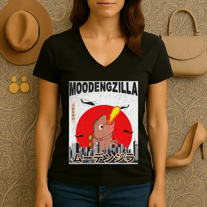 Moo Deng Pygmy Hippopotamus Funny Moodengzilla Women's V-Neck T-Shirt