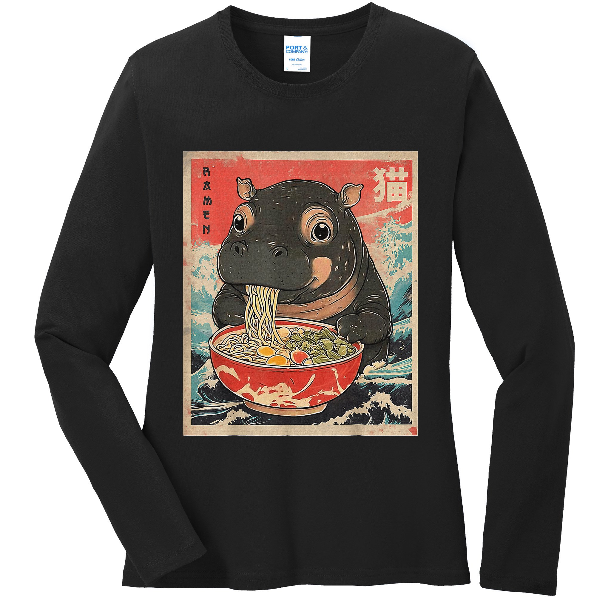 Moo Deng Ramen Japanese Vintage Moo Deng Japanese Noodles Ladies Long Sleeve Shirt