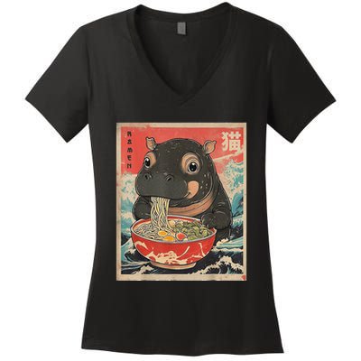 Moo Deng Ramen Japanese Vintage Moo Deng Japanese Noodles Women's V-Neck T-Shirt
