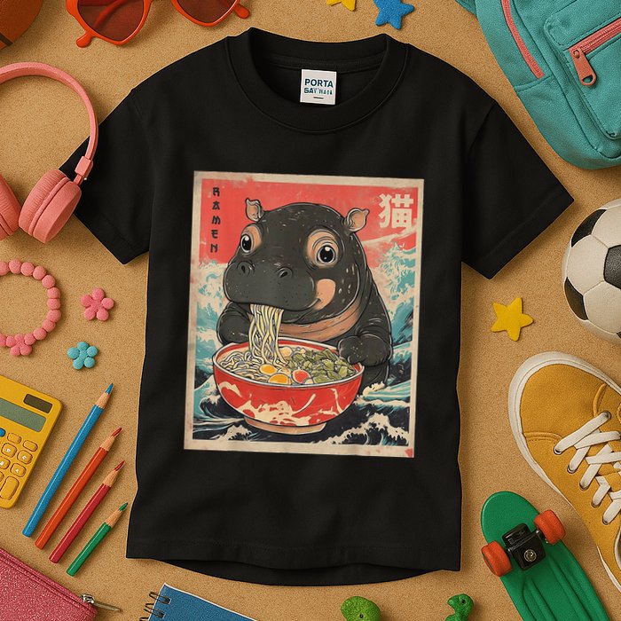 Moo Deng Ramen Japanese Vintage Moo Deng Japanese Noodles Kids T-Shirt