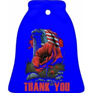 Memorial Day Red Poppy Flower Fallen Hero Veteran Usa Flag Gift Ceramic Bell Ornament