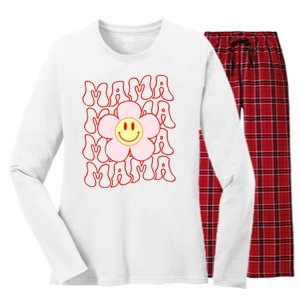 Mother Day Retro Happy Face Mama Groovy Daisy Flower Smile Face Trendy Women's Long Sleeve Flannel Pajama Set 